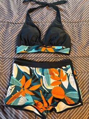 Women’s Navy Halter Bikini Top with Orange & Teal Tropical Shorts